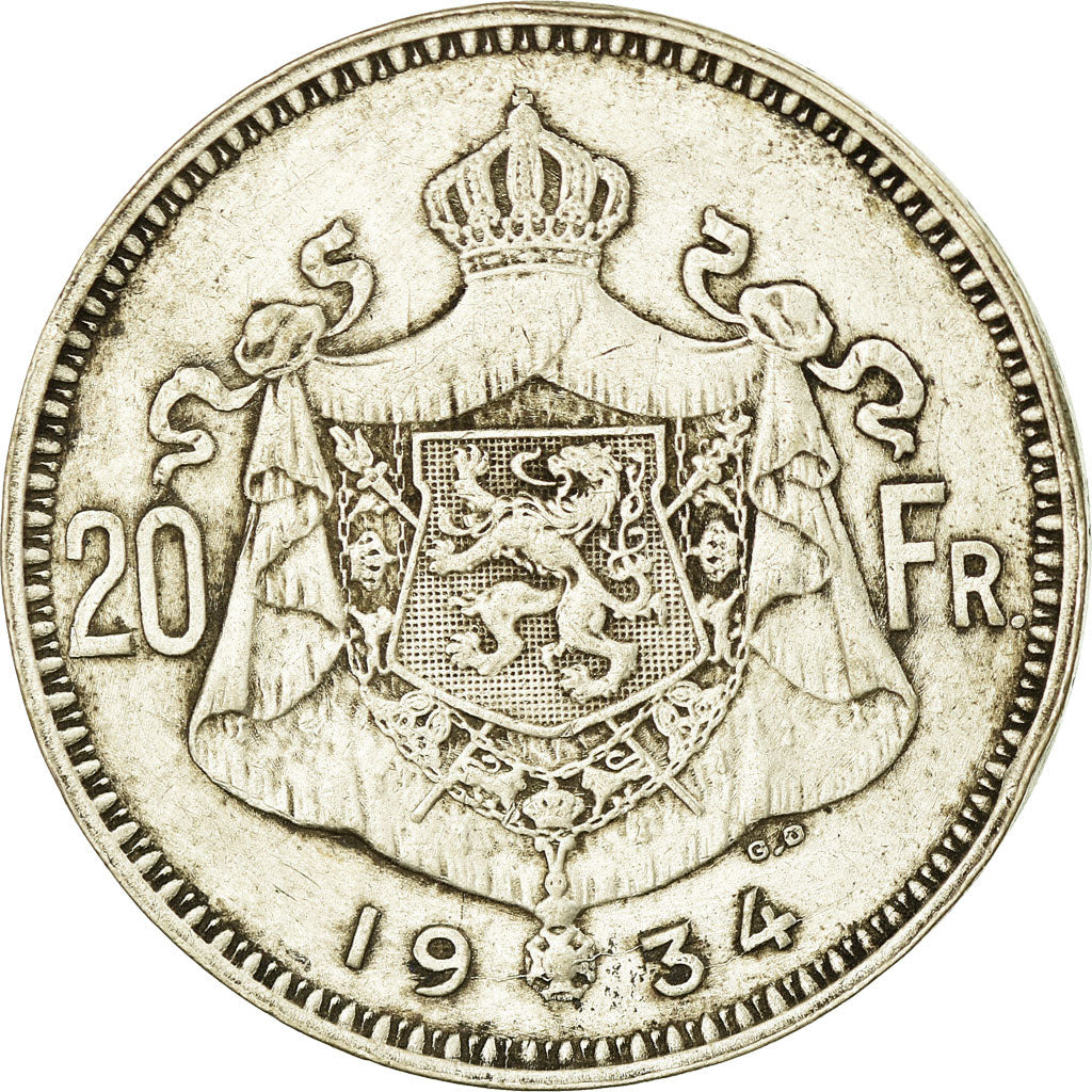 Coin, Belgium, 20 Francs, 20 Frank, 1934, EF(40-45), Silver, KM:104.1