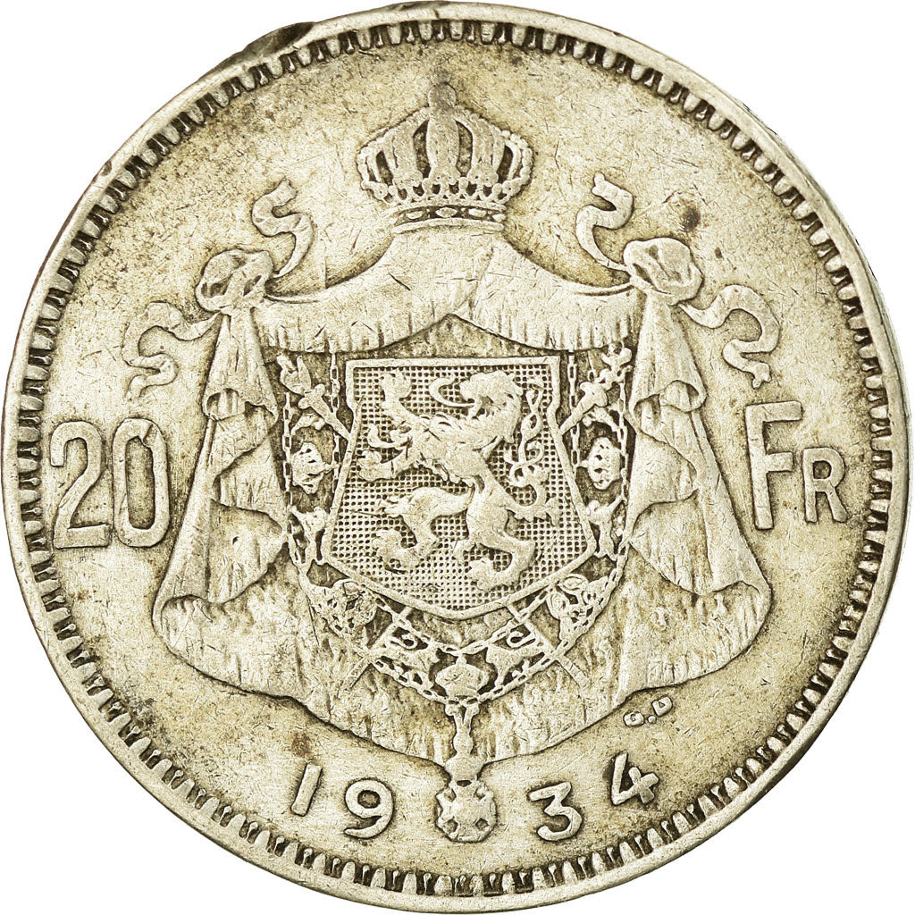 Münze, Belgien, 20 Francs, 20 Frank, 1934, SS, Silber, KM:103.1