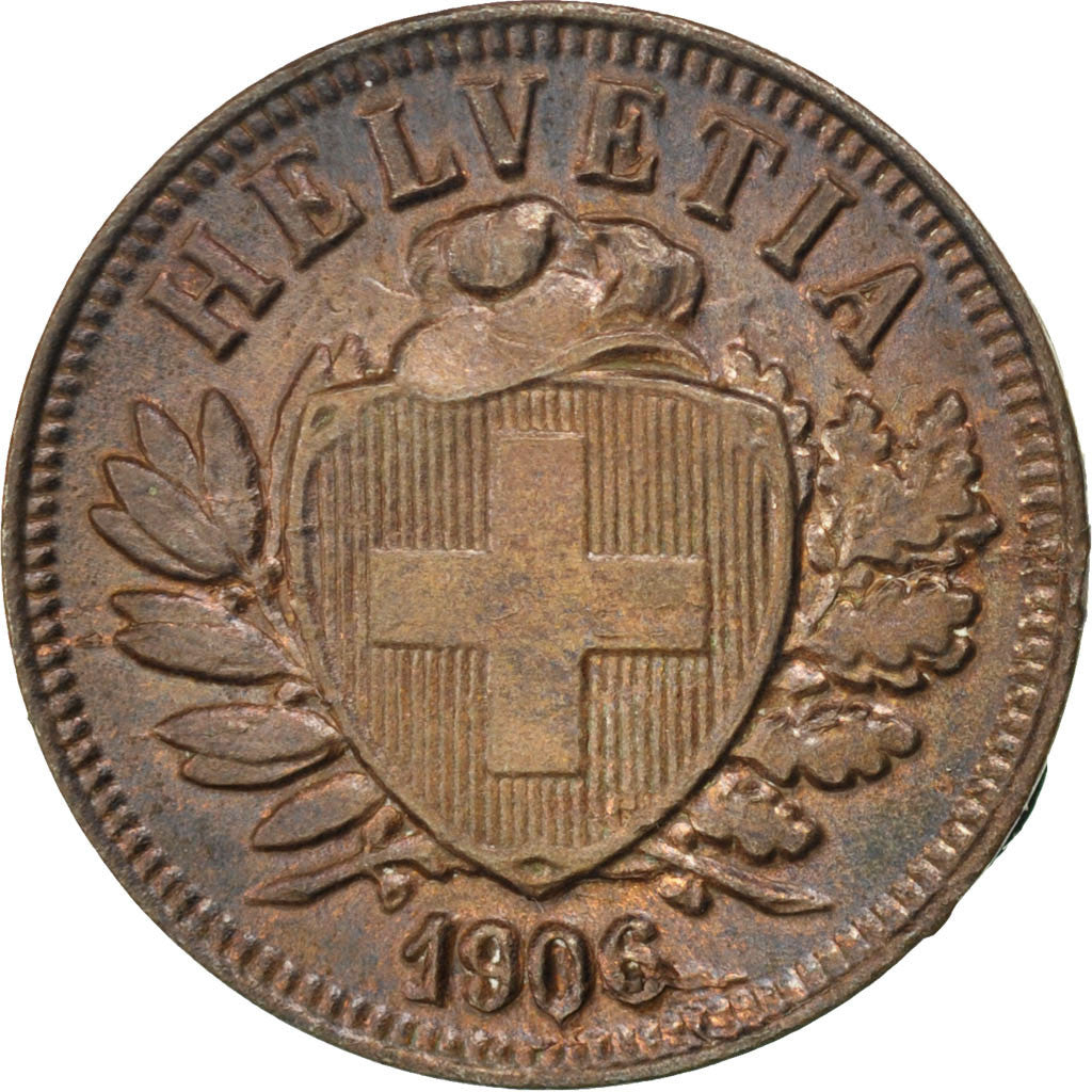 SWITZERLAND, 2 Rappen, 1906, Bern, KM #4.2, AU(55-58), Bronze, 20, 2.51