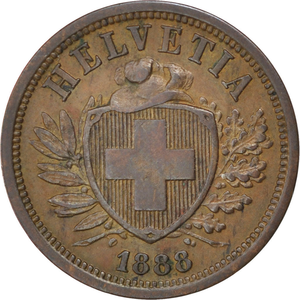 SWITZERLAND, 2 Rappen, 1888, Bern, KM #4.1, AU(50-53), Bronze, 20, 2.39