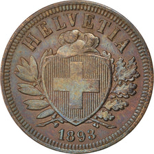 SWITZERLAND, 2 Rappen, 1893, Bern, KM #4.2, AU(50-53), Bronze, 20, 2.51