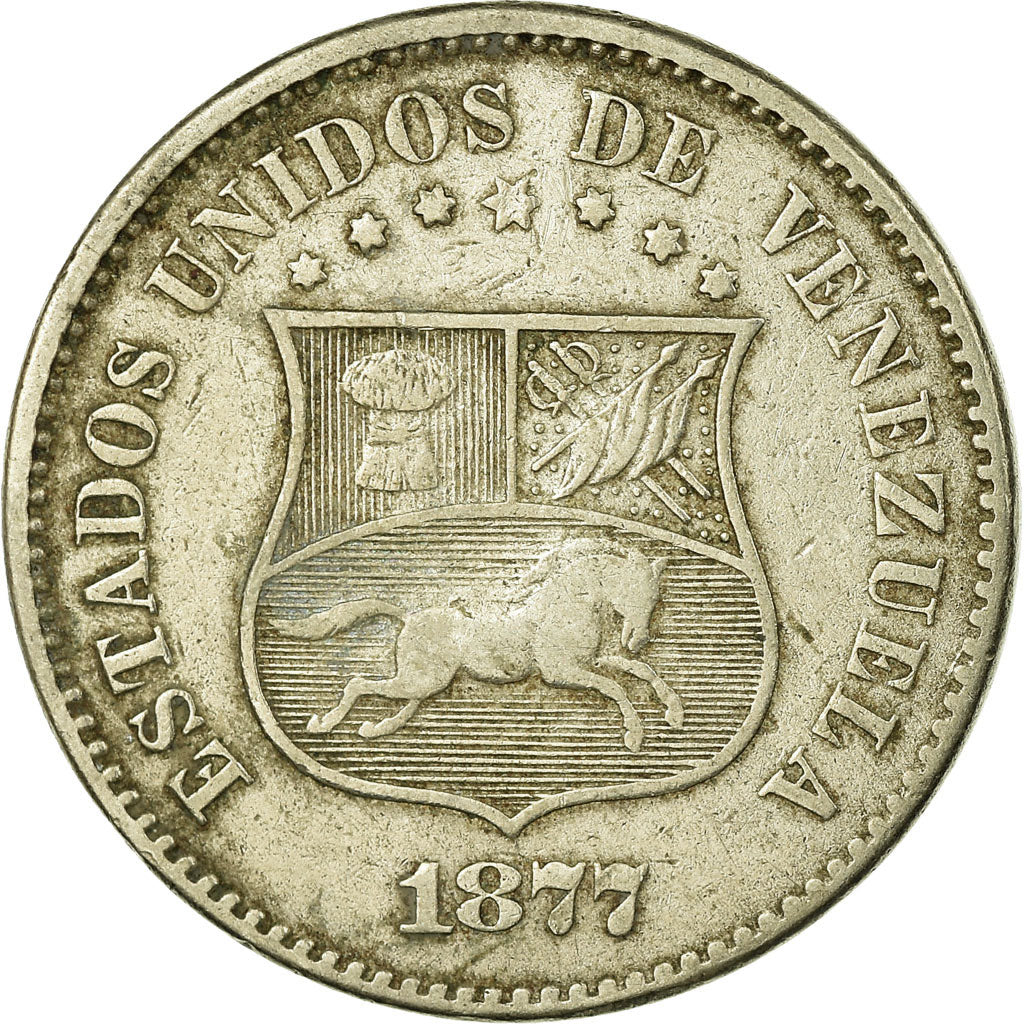 Coin, Venezuela, 2-1/2 Centavos, 1877, Philadelphia, EF(40-45), Copper-nickel