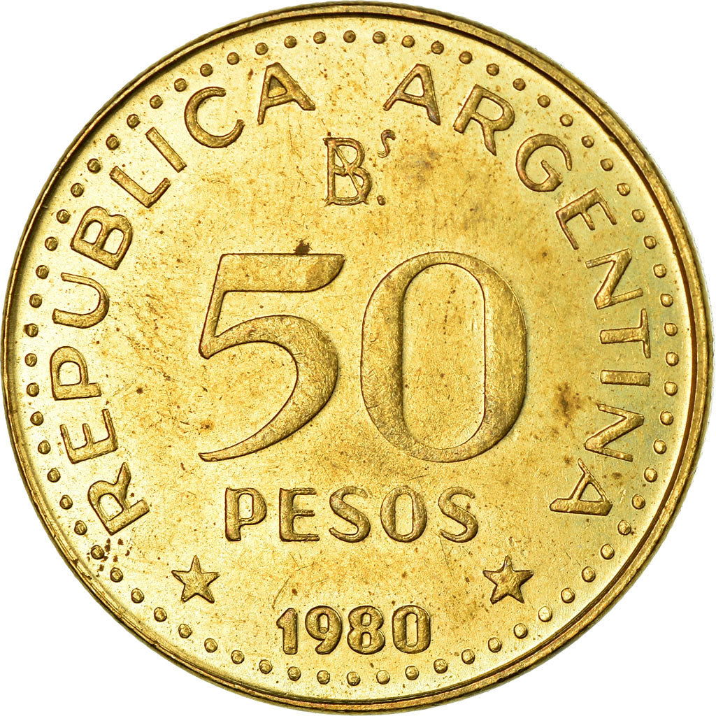 Moneta, Argentina, 50 Pesos, 1980, BB, Acciaio ricoperto in ottone, KM:83a
