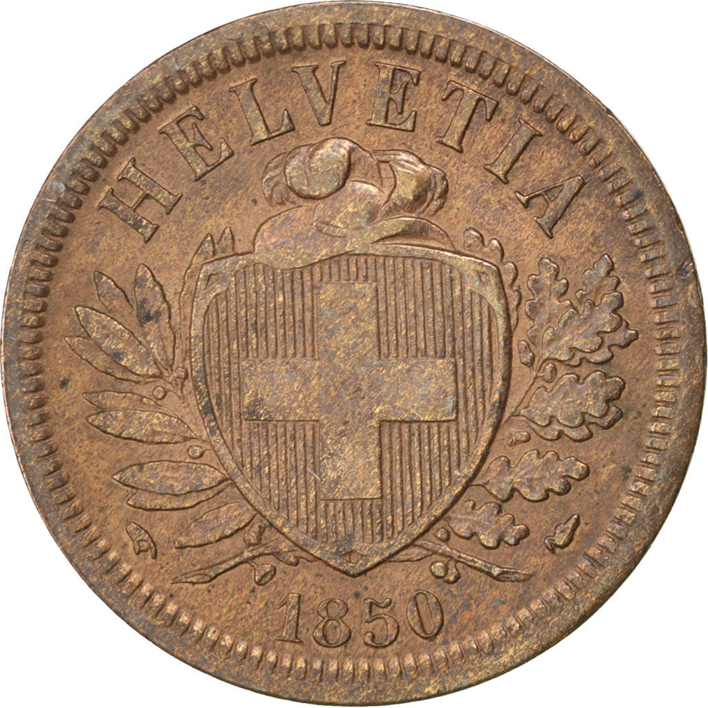 SWITZERLAND, 2 Rappen, 1850, Paris, KM #4.1, AU(50-53), Bronze, 20, 2.50