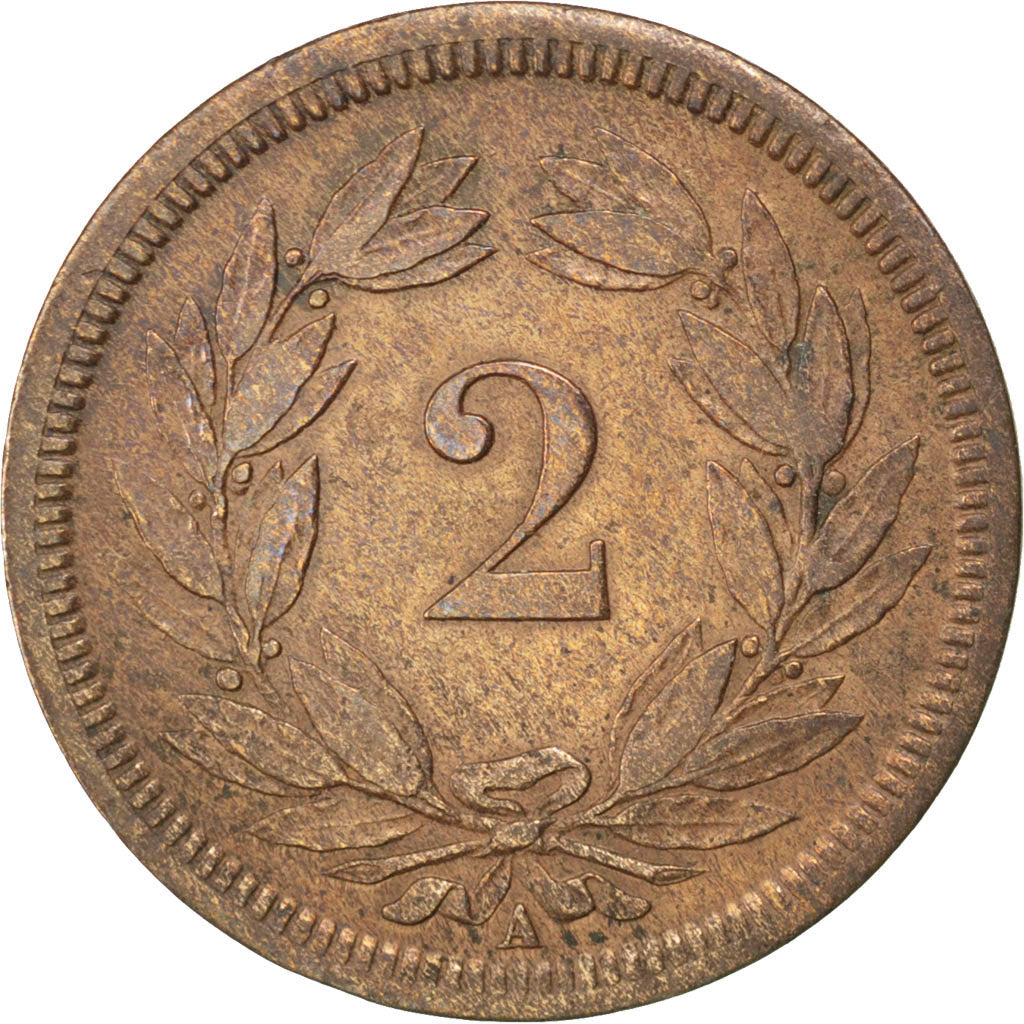 SWITZERLAND, 2 Rappen, 1850, Paris, KM #4.1, AU(50-53), Bronze, 20, 2.50