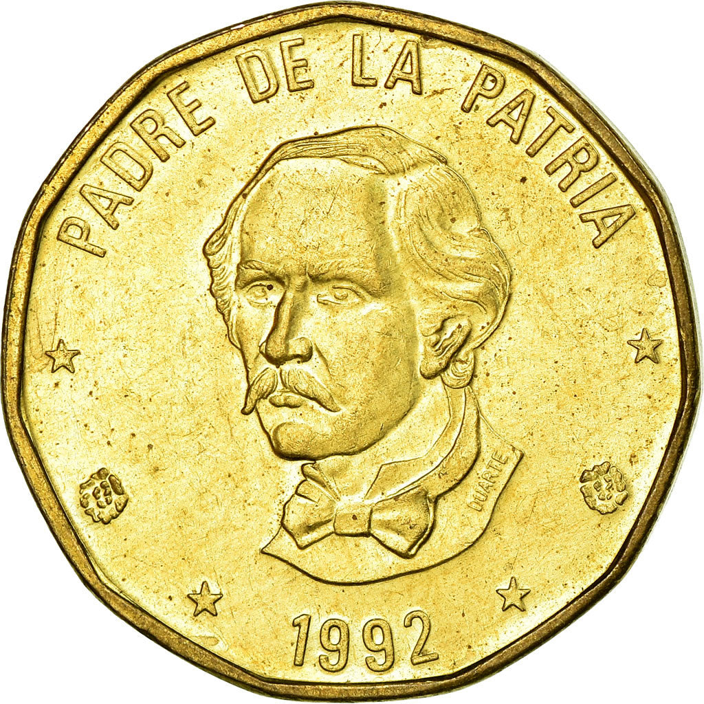 Moneda, República Dominicana, Peso, 1992, EBC, Latón, KM:80.1