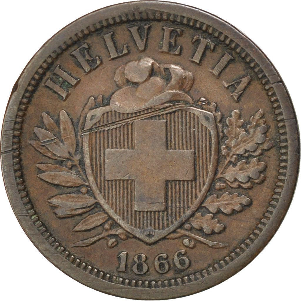SWITZERLAND, 2 Rappen, 1866, Bern, KM #4.1, EF(40-45), Bronze, 20, 2.56