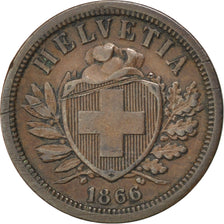 SWITZERLAND, 2 Rappen, 1866, Bern, KM #4.1, EF(40-45), Bronze, 20, 2.56