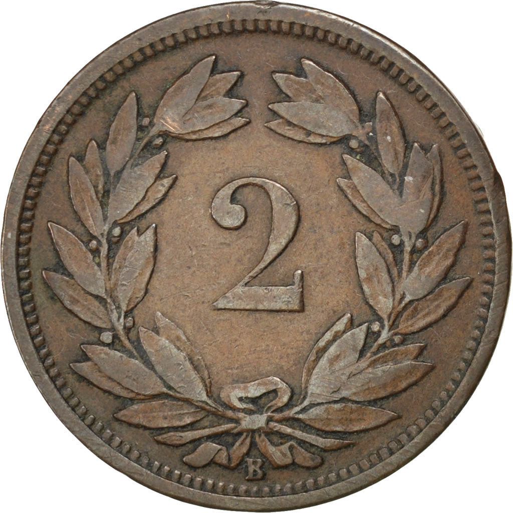 SWITZERLAND, 2 Rappen, 1866, Bern, KM #4.1, EF(40-45), Bronze, 20, 2.56