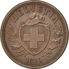 SWITZERLAND, 2 Rappen, 1870, Bern, KM #4.1, AU(55-58), Bronze, 20, 2.54