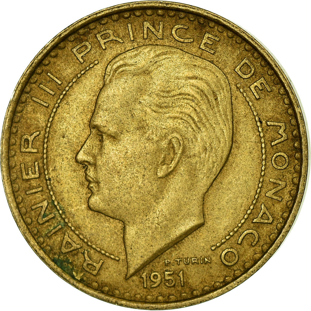 Moeda, Mónaco, Rainier III, 10 Francs, 1951, VF(30-35), Alumínio-Bronze