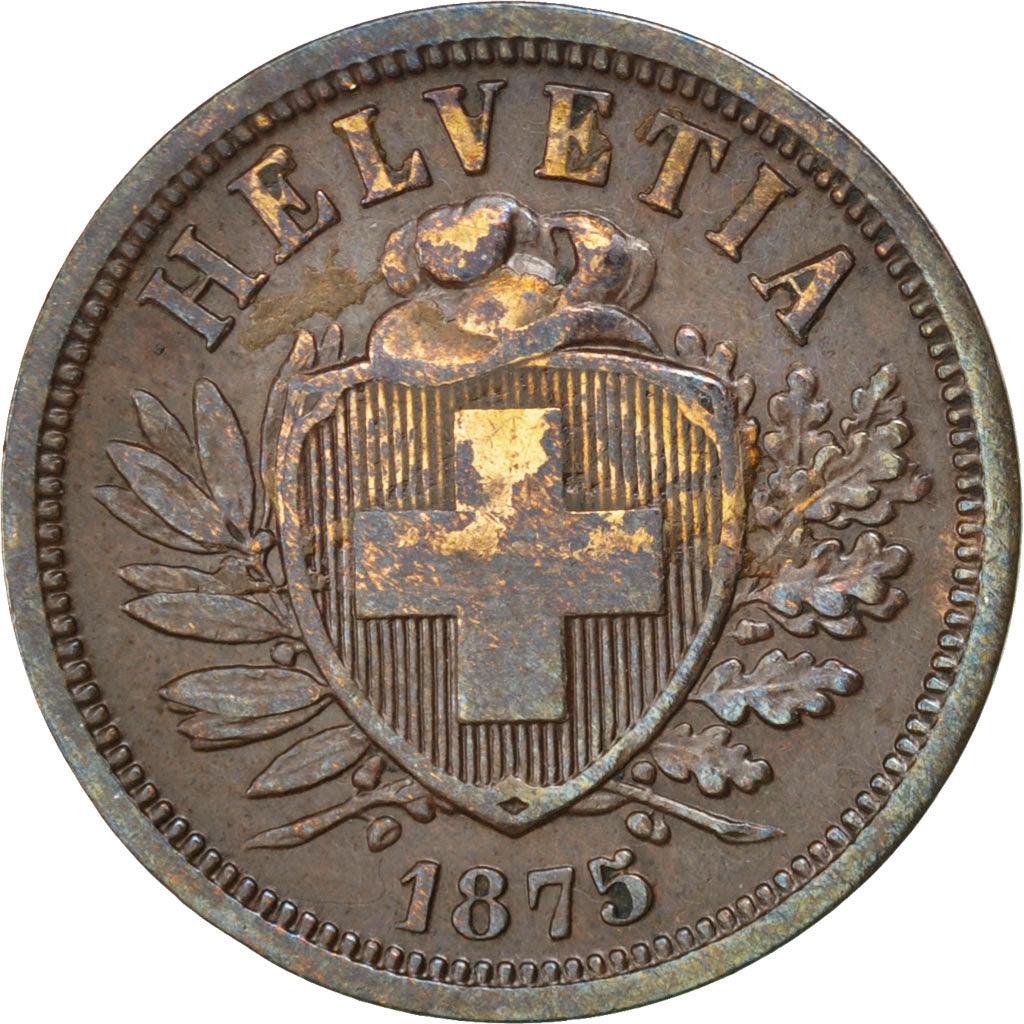 SWITZERLAND, 2 Rappen, 1875, Bern, KM #4.1, EF(40-45), Bronze, 20, 2.48