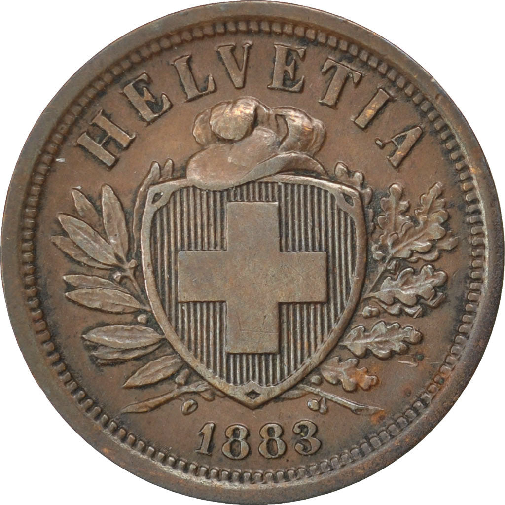 SWITZERLAND, 2 Rappen, 1883, Bern, KM #4.1, AU(50-53), Bronze, 20, 2.42