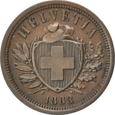 SWITZERLAND, 2 Rappen, 1883, Bern, KM #4.1, AU(50-53), Bronze, 20, 2.42
