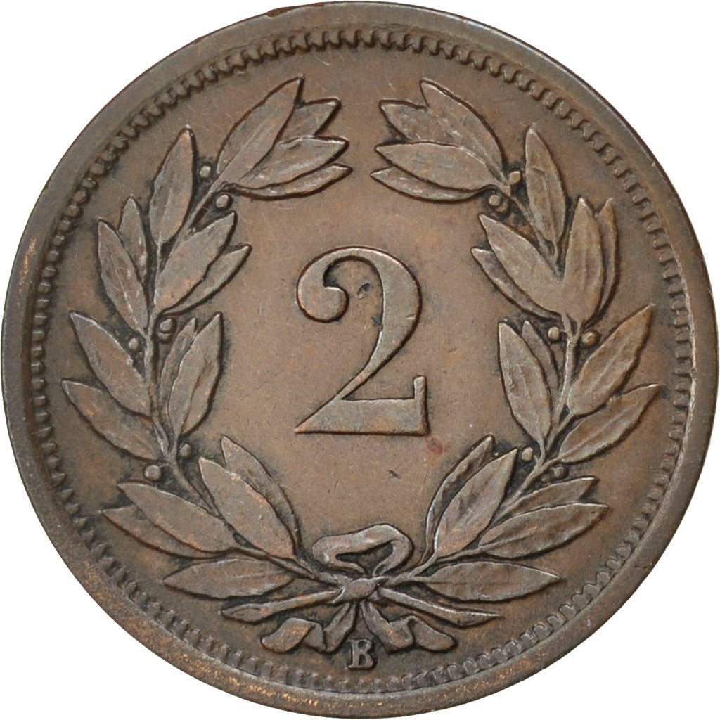 SWITZERLAND, 2 Rappen, 1883, Bern, KM #4.1, AU(50-53), Bronze, 20, 2.42