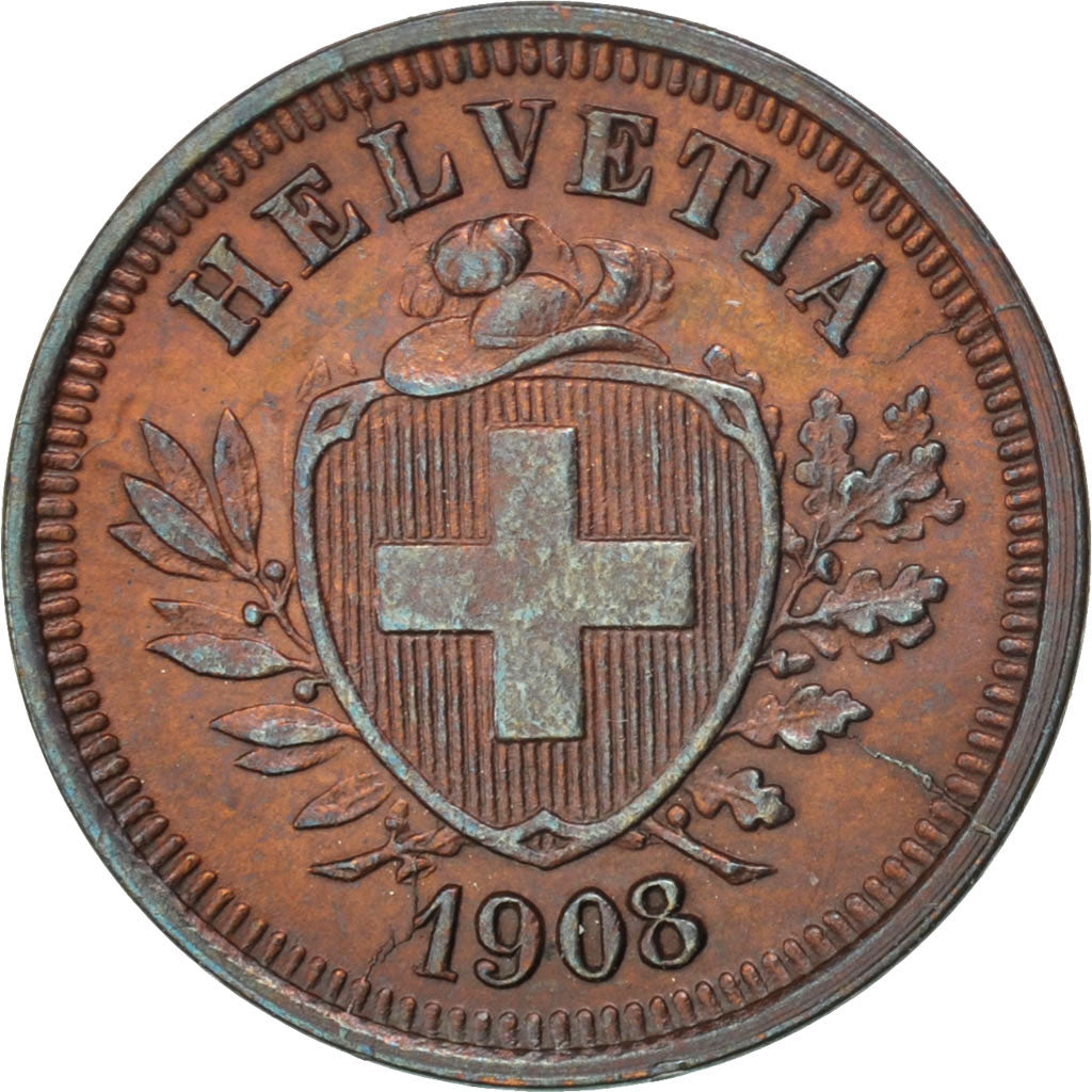 SWITZERLAND, Rappen, 1908, Bern, KM #3.2, AU(55-58), Bronze, 16, 1.51