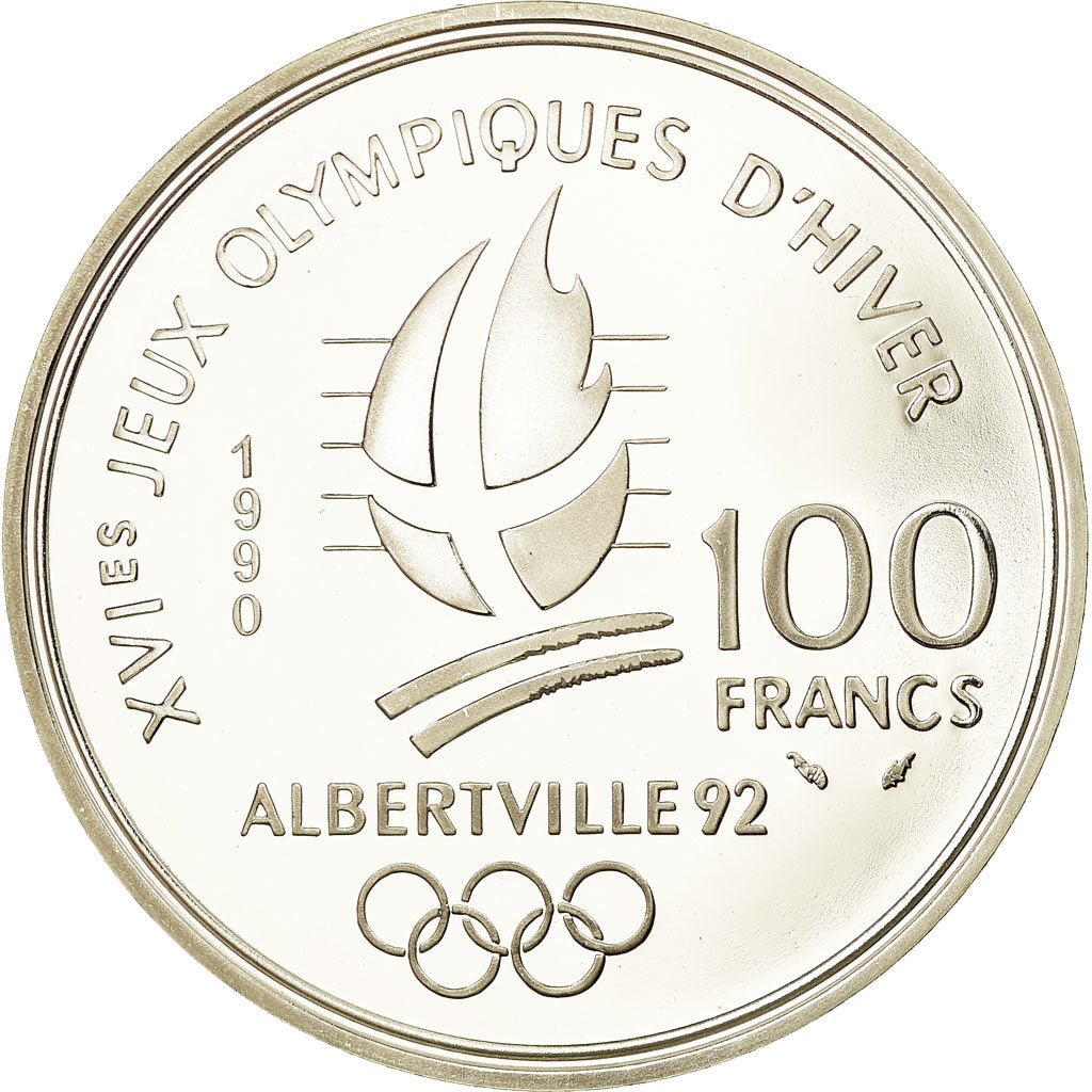 Moneda, Francia, Free-style skier, 100 Francs, 1990, BE, FDC, Plata, KM:983