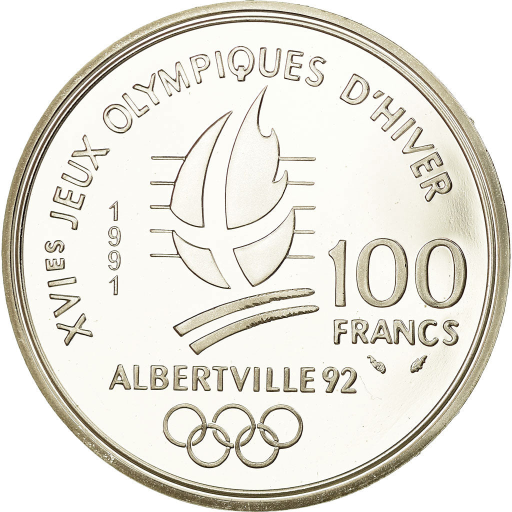 Moneda, Francia, Cross-country skier, 100 Francs, 1991, BE, FDC, Plata, KM:994