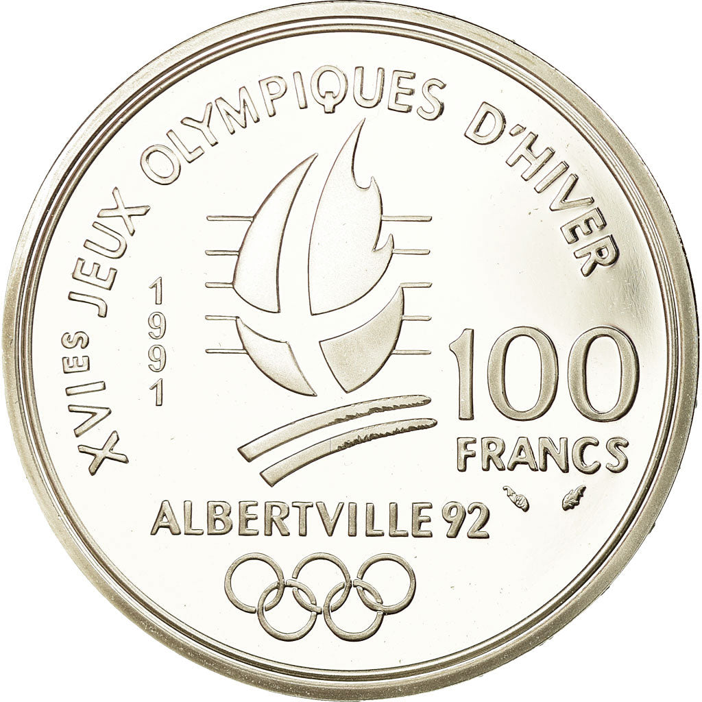 Munten, Frankrijk, Ski jumpers, 100 Francs, 1991, BE, FDC, Zilver, KM:995