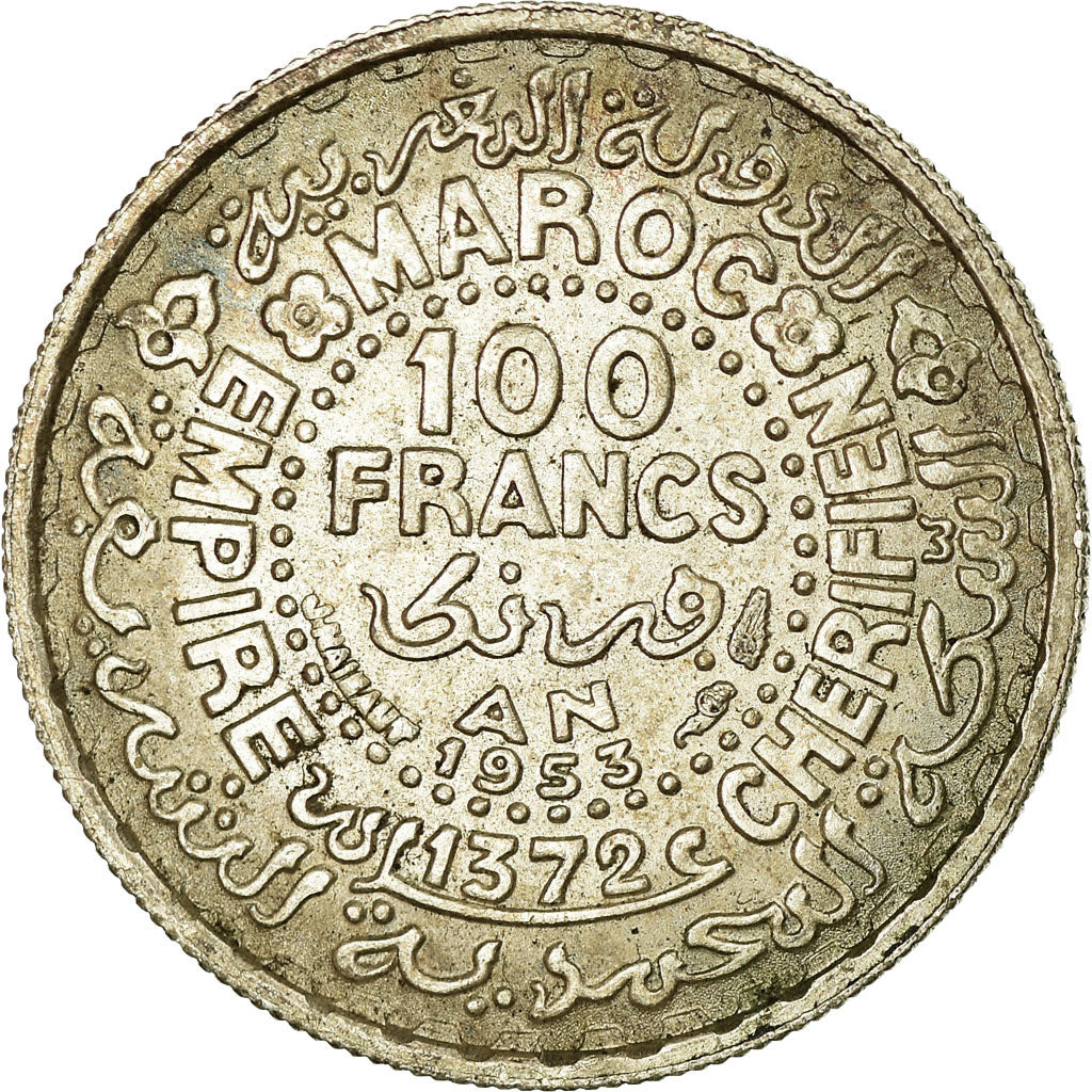 Coin, Morocco, Mohammed V, 100 Francs, 1953, Paris, EF(40-45), Silver, KM:52