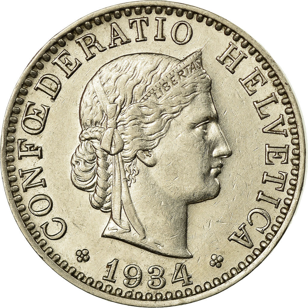 Coin, Switzerland, 20 Rappen, 1934, Bern, AU(55-58), Nickel, KM:29