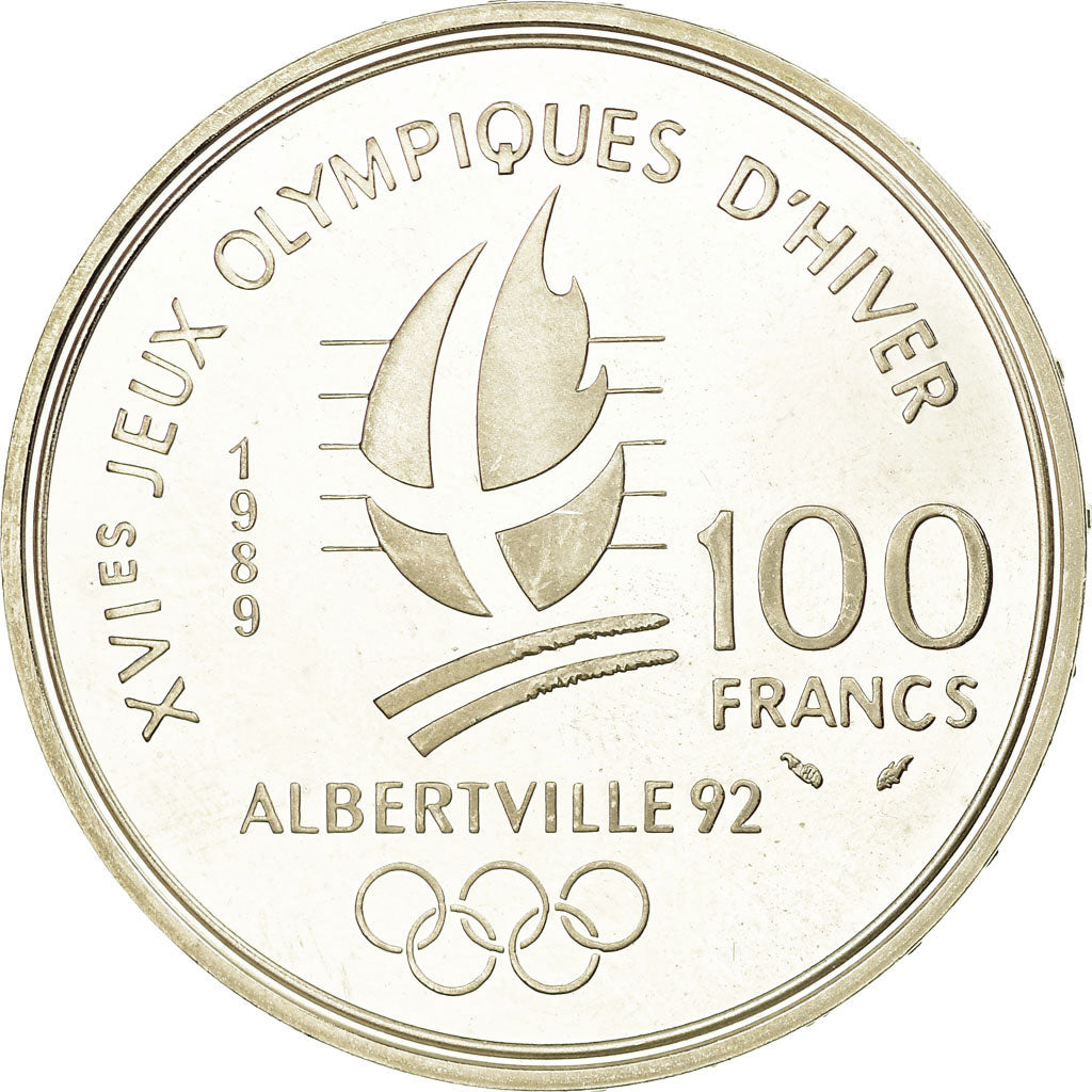 Moneda, Francia, Alpine skiing, 100 Francs, 1989, BE, EBC+, Plata, KM:971