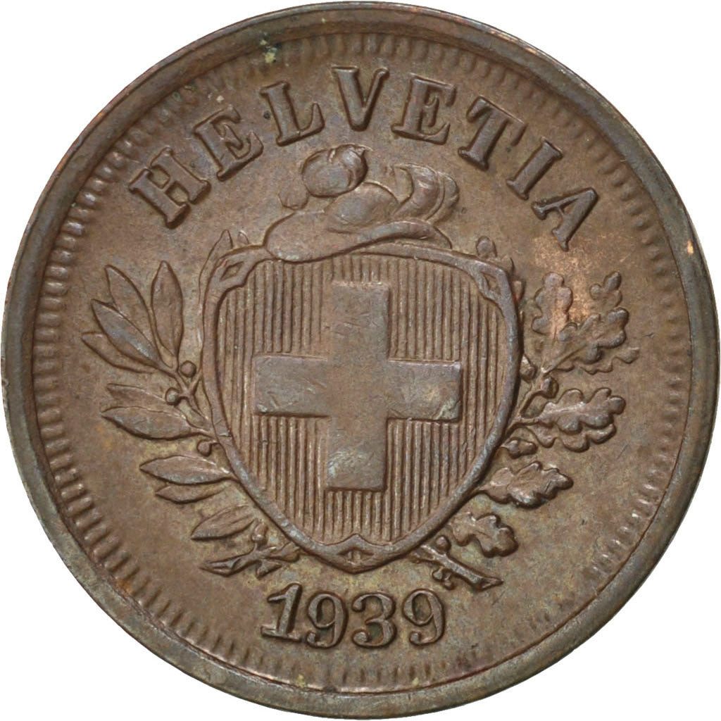 SWITZERLAND, Rappen, 1939, Bern, KM #3.2, MS(60-62), Bronze, 16, 1.52