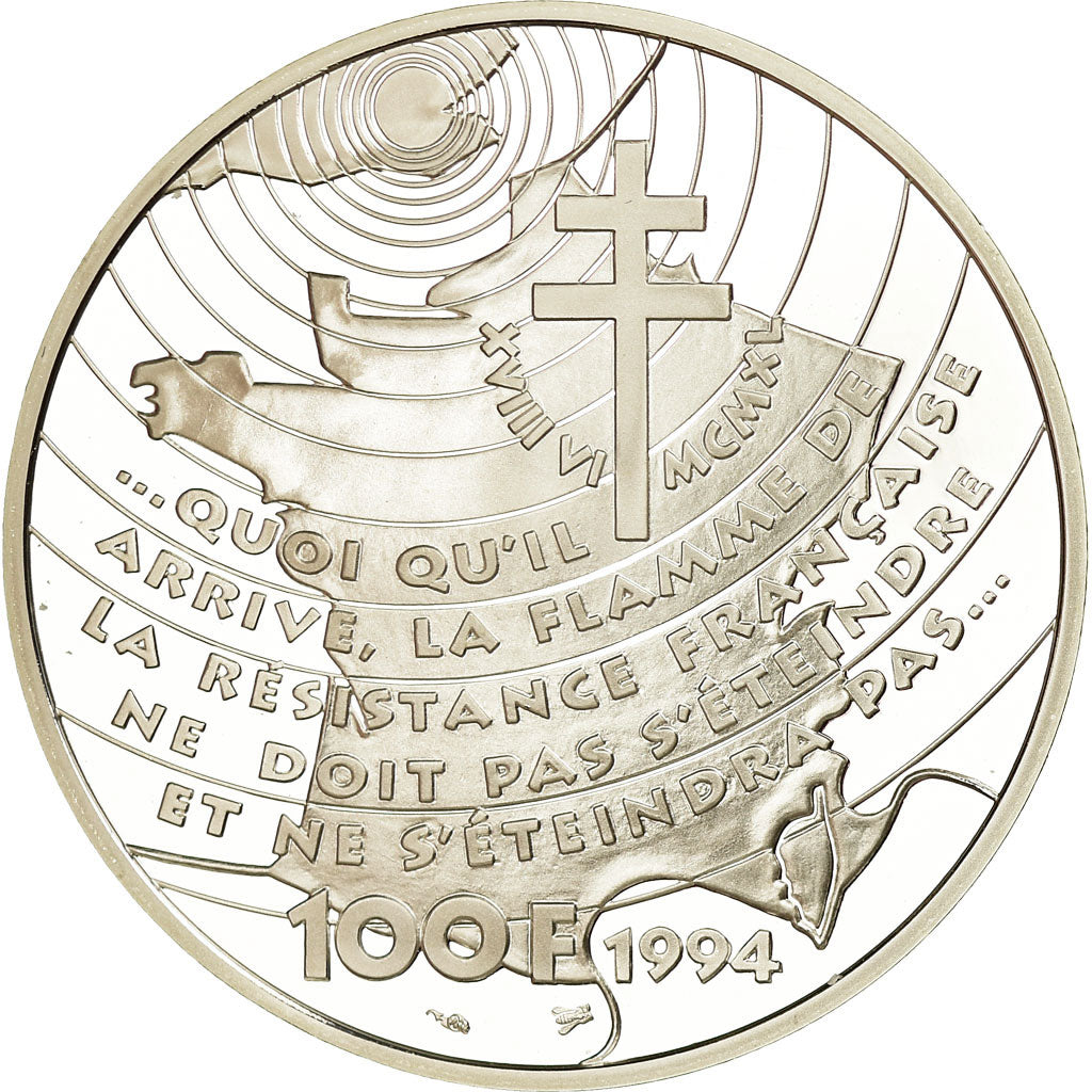 Moneda, Francia, Appel du 18 juin 1940, 100 Francs, 1994, BE, FDC, Plata