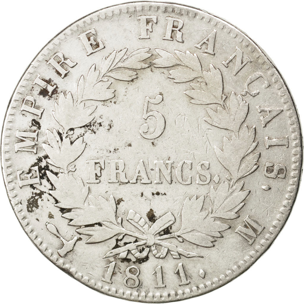 FRANCE, Napoléon I, 5 Francs, 1811, Toulouse, KM #694.10, VF(20-25), Silver, G..