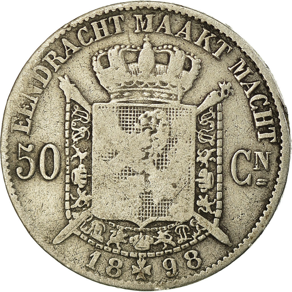 Moneda, Bélgica, Leopold II, 50 Centimes, 1898, BC, Plata, KM:27