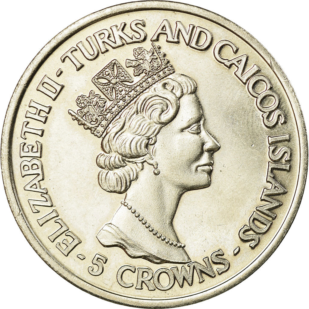 Coin, TURKS & CAICOS ISLANDS, Elizabeth II, 5 Crowns, 1993, AU(55-58)