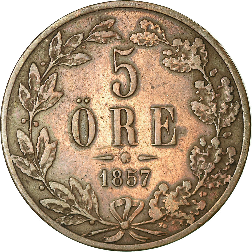 Moneta, Szwecja, Oscar I, 5 Öre, 1857, EF(40-45), Bronze, KM:690