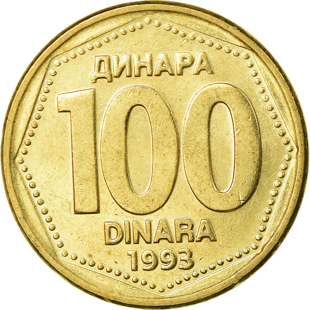 Moeda, Jugoslávia, 100 Dinara, 1993, MS(63), Latão, KM:159