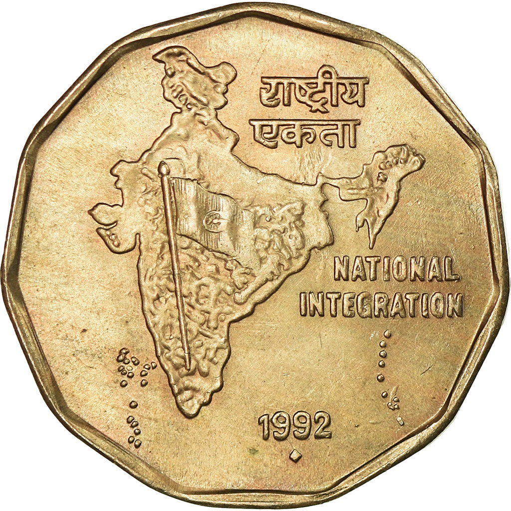 Moeda, ÍNDIA - REPÚBLICA, 2 Rupees, 1992, EF(40-45), Cobre-níquel, KM:121.3