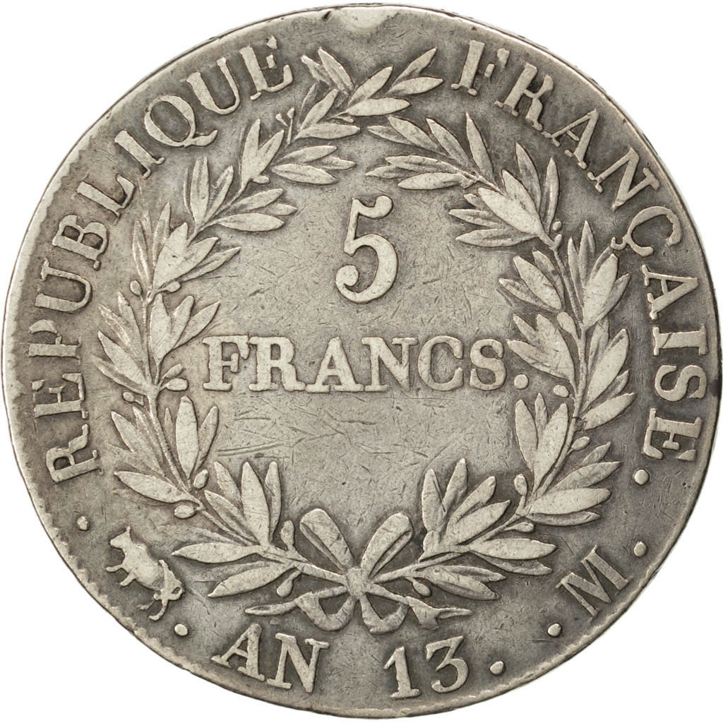 FRANCE, Napoléon I, 5 Francs, 1805, Toulouse, KM #662.10, VF(30-35), Silver, G..