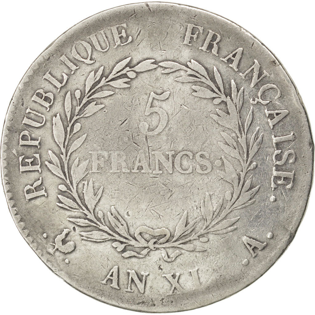 FRANCE, 5 Francs, 1803, Paris, KM #650.1, VF(30-35), Silver, Gadoury #577, 24.93
