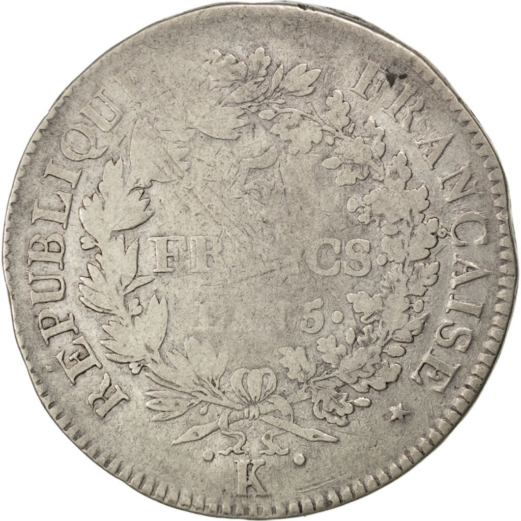 FRANCE, Union et Force, 5 Francs, 1796, Bordeaux, KM #639.5, VF(20-25), Silver,.