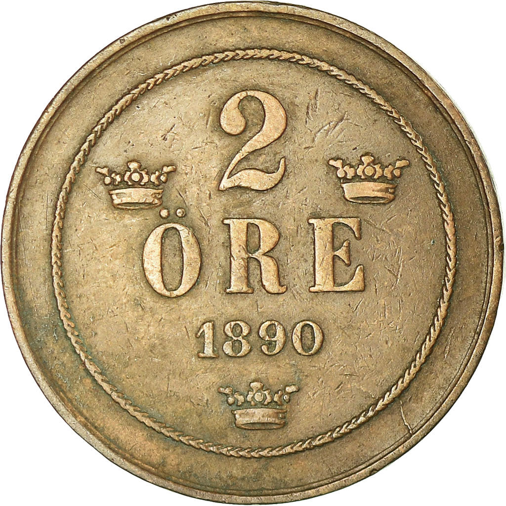 Moneta, Svezia, Oscar II, 2 Öre, 1890, BB, Bronzo, KM:746