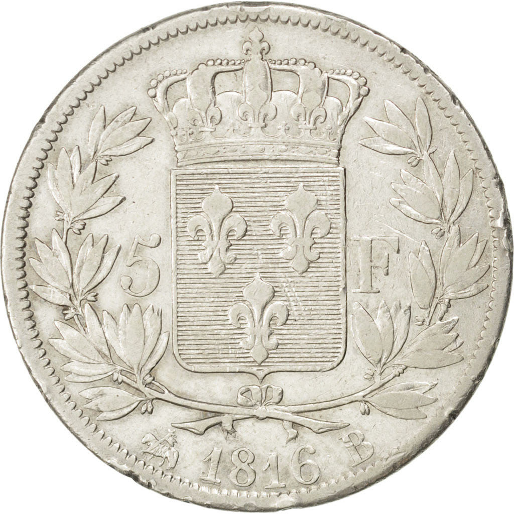 FRANCE, Louis XVIII, 5 Francs, 1816, Rouen, KM #711.2, VF(30-35), Silver,...