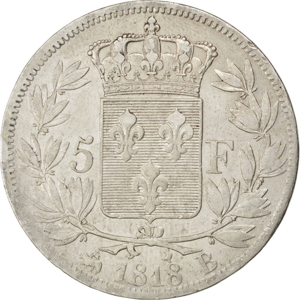 FRANCE, Louis XVIII, 5 Francs, 1818, Rouen, KM #711.2, VF(30-35), Silver,...