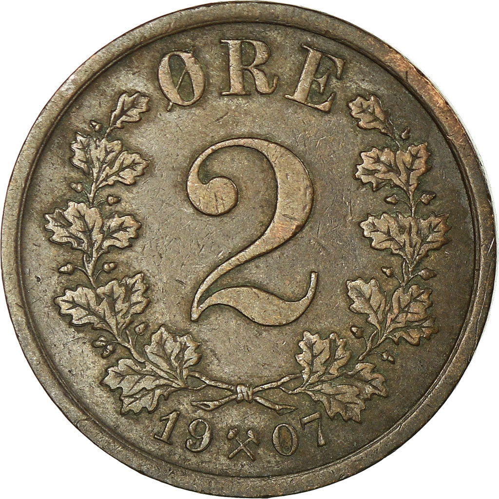 Moneda, Noruega, Haakon VII, 2 Öre, 1907, MBC, Bronce, KM:362