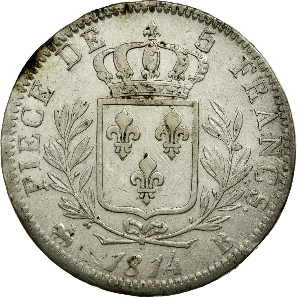 Moneda, Francia, Louis XVIII, Louis XVIII, 5 Francs, 1814, Rouen, BC+, Plata
