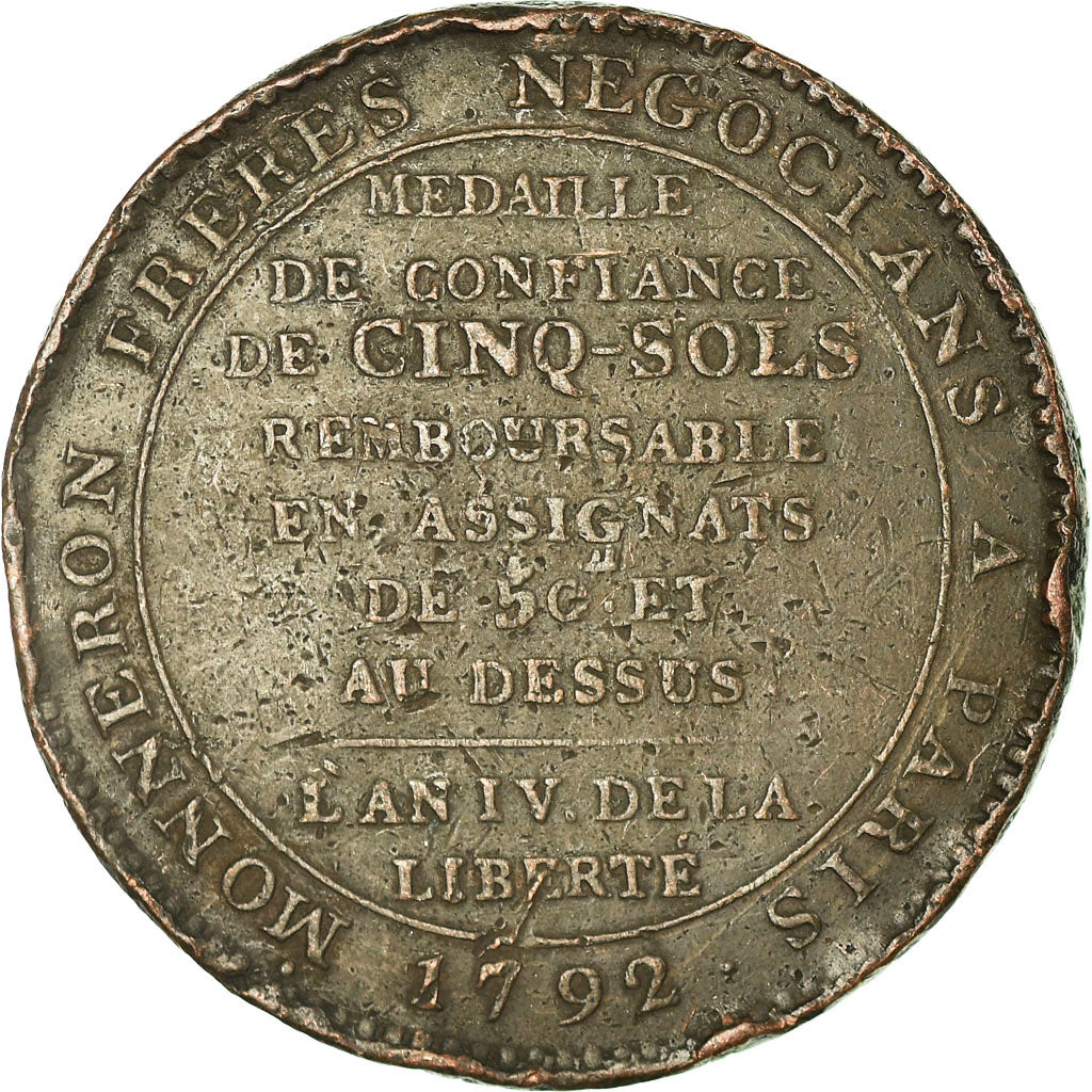 Coin, France, Monneron, 5 Sols, 1792, Paris, VF(20-25), Bronze