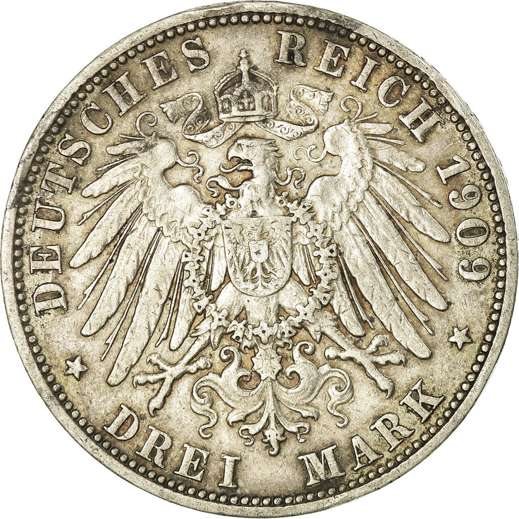 Coin, German States, PRUSSIA, Wilhelm II, 3 Mark, 1909, Berlin, EF(40-45)