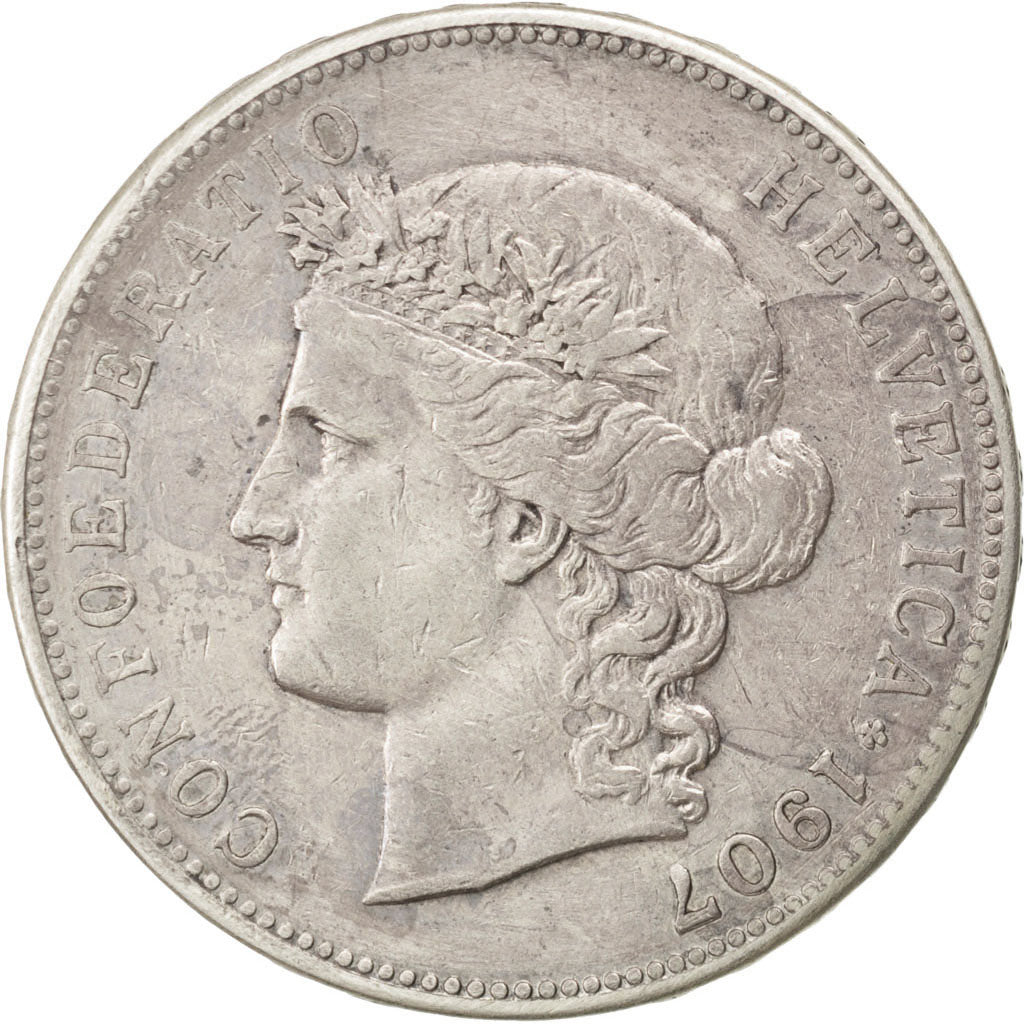 SWITZERLAND, 5 Francs, 1907, Bern, KM #34, VF(30-35), Silver, 37, 24.85