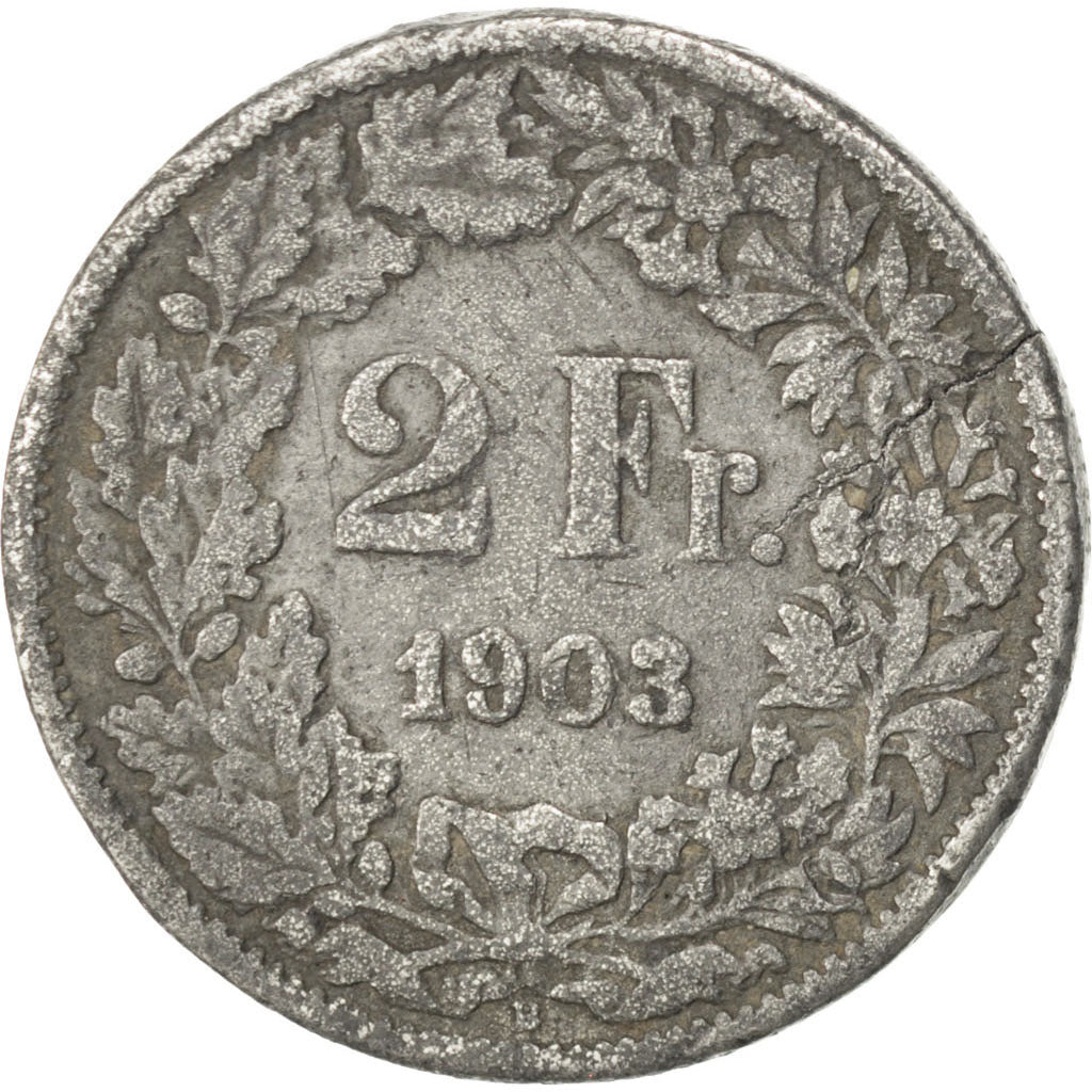 SWITZERLAND, 2 Francs, 1903, Bern, KM #21, F(12-15), Silver, 27.4, 7.17