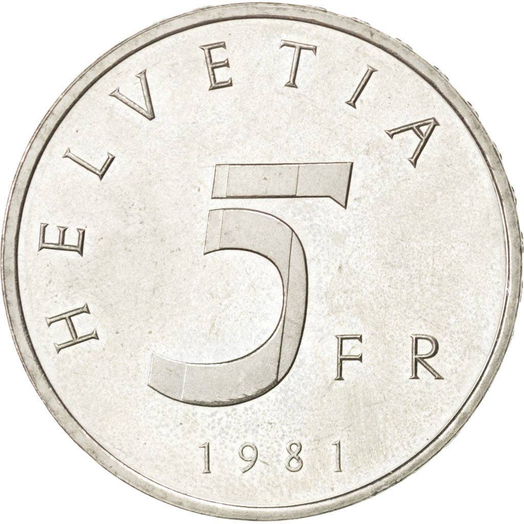 SWITZERLAND, 5 Francs, 1981, Bern, KM #60, AU(55-58), Copper-Nickel, 31.45,...