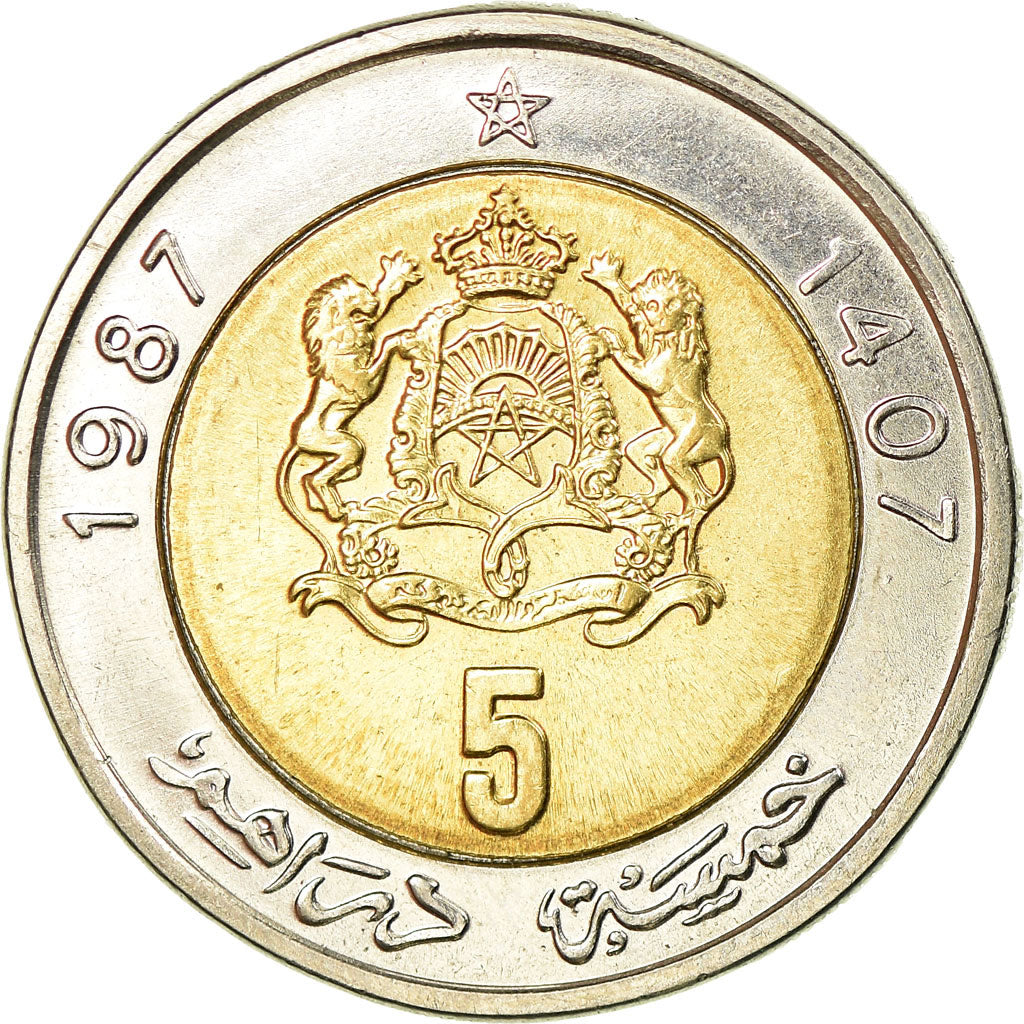 Coin, Morocco, al-Hassan II, 5 Dirhams, 1987/AH1407, Paris, MS(63), Bi-Metallic
