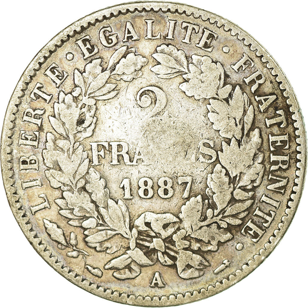 Coin, France, Cérès, 2 Francs, 1887, Paris, VF(20-25), Silver, KM:817.1