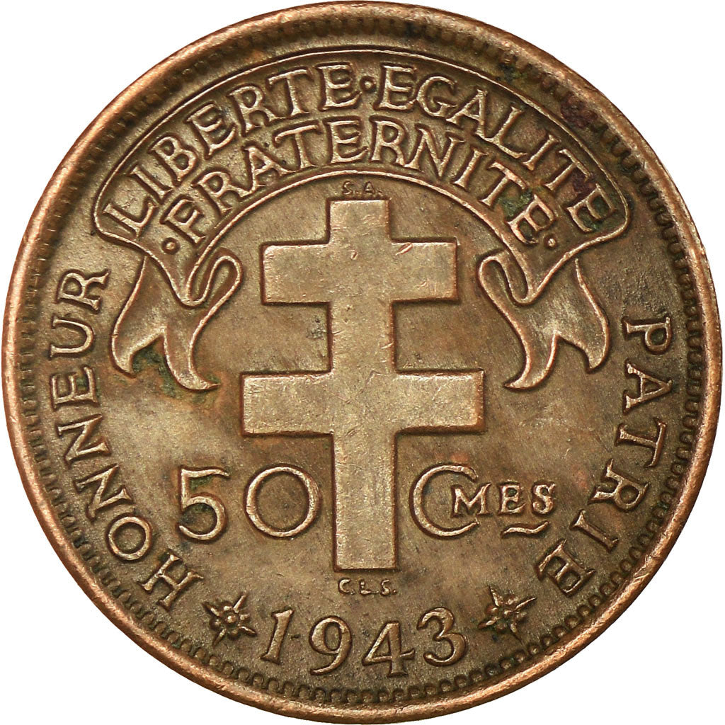 Moneda, África ecuatorial francesa, 50 Centimes, 1943, Pretoria, EBC, Bronce
